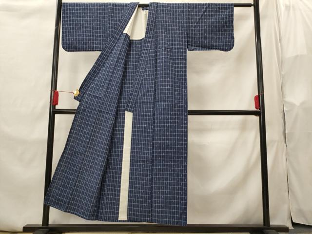 平和屋着物▽上質な紬　単衣　格子　正絹　逸品　AABI0178st
