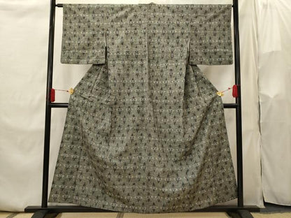 平和屋着物▽上質な紬　単衣　絣柄　正絹　逸品　AABI0179st