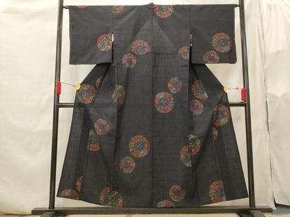 平和屋着物▽上質な紬　単衣　扇花丸文　正絹　逸品　AABI0181st