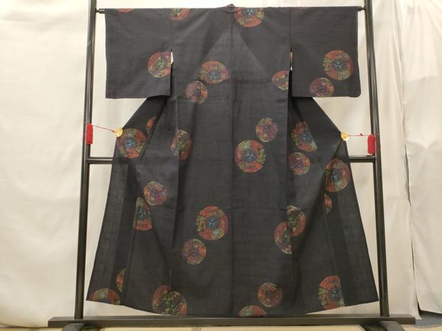 平和屋着物▽上質な紬　単衣　扇花丸文　正絹　逸品　AABI0181st