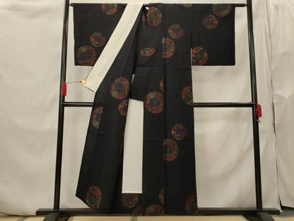 平和屋着物▽上質な紬　単衣　扇花丸文　正絹　逸品　AABI0181st