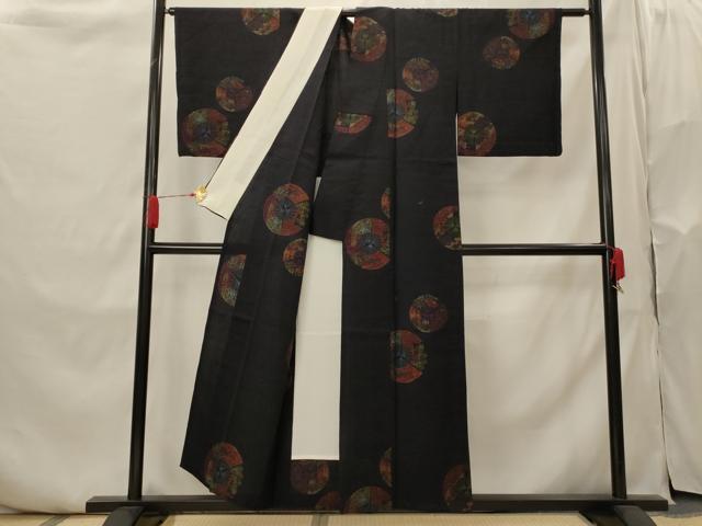 平和屋着物▽上質な紬　単衣　扇花丸文　正絹　逸品　AABI0181st