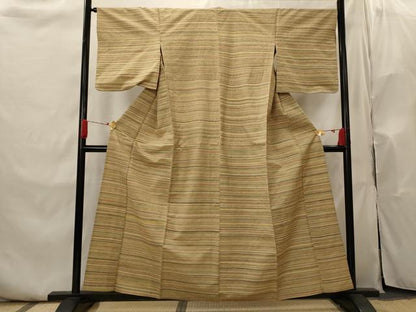 平和屋着物▽信州つむぎ　単衣　草木染手織　横段文　正絹　逸品　AABI0184st