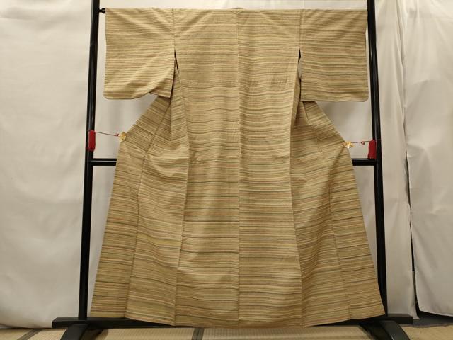 平和屋着物▽信州つむぎ　単衣　草木染手織　横段文　正絹　逸品　AABI0184st