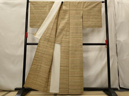 平和屋着物▽信州つむぎ　単衣　草木染手織　横段文　正絹　逸品　AABI0184st