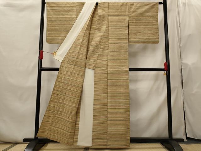 平和屋着物▽信州つむぎ　単衣　草木染手織　横段文　正絹　逸品　AABI0184st