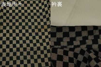 平和屋着物▽上質な紬　単衣　市松文様　正絹　逸品　AABI0189st