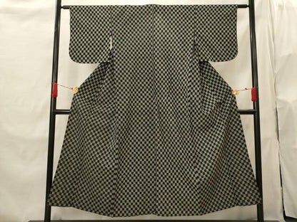 平和屋着物▽上質な紬　単衣　市松文様　正絹　逸品　AABI0189st