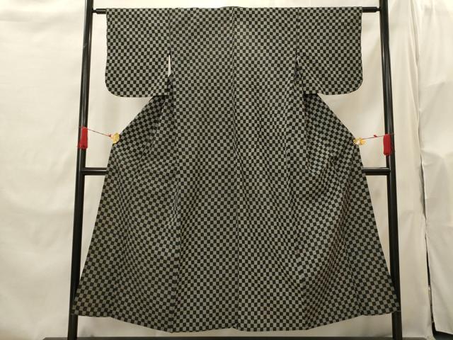 平和屋着物▽上質な紬　単衣　市松文様　正絹　逸品　AABI0189st