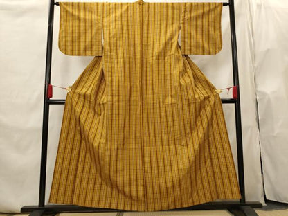 平和屋着物▽本場黄八丈　平織　紬　単衣　格子　正絹　逸品　AABI0192st