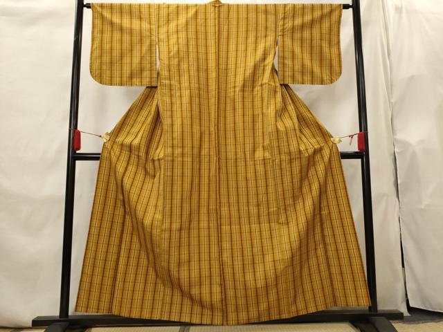 平和屋着物▽本場黄八丈　平織　紬　単衣　格子　正絹　逸品　AABI0192st