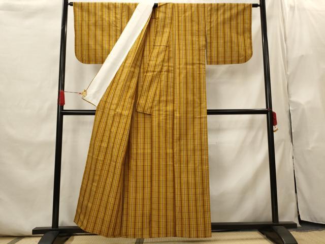 平和屋着物▽本場黄八丈　平織　紬　単衣　格子　正絹　逸品　AABI0192st