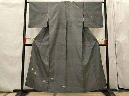 平和屋着物▽訪問着　単衣　紬地　貝合わせ花文　金彩　正絹　逸品　AABI0195st