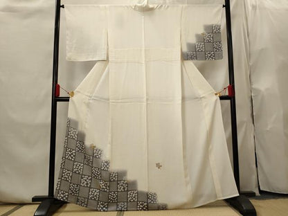 平和屋着物▽訪問着　単衣　刺繍　市松花文　金糸　正絹　逸品　AABI0201st