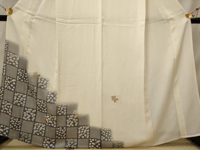 平和屋着物▽訪問着　単衣　刺繍　市松花文　金糸　正絹　逸品　AABI0201st