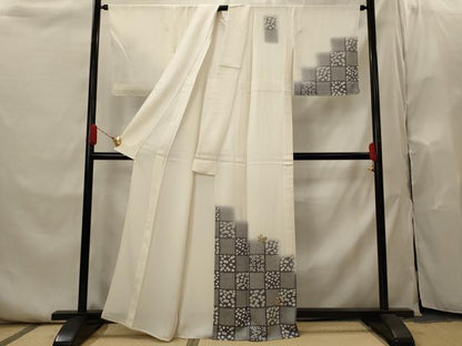 平和屋着物▽訪問着　単衣　刺繍　市松花文　金糸　正絹　逸品　AABI0201st