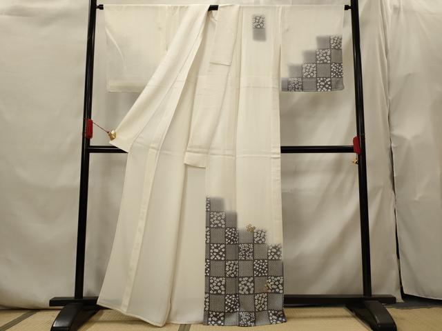 平和屋着物▽訪問着　単衣　刺繍　市松花文　金糸　正絹　逸品　AABI0201st