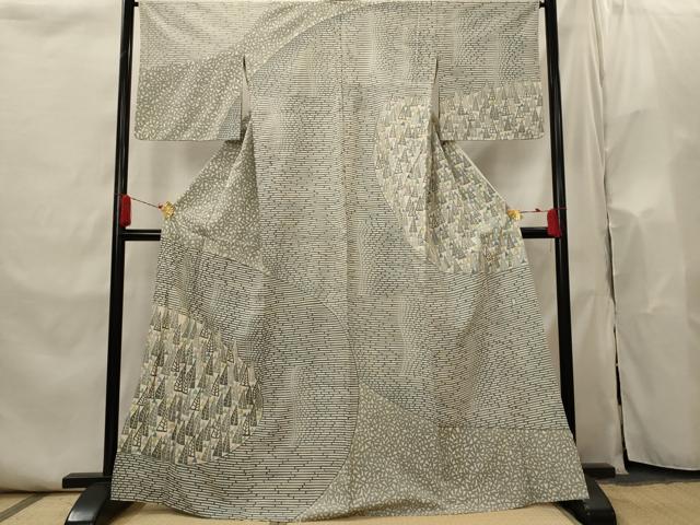 平和屋着物▽訪問着　単衣　紬地　型染め　樹林文　正絹　逸品　AABI0209st