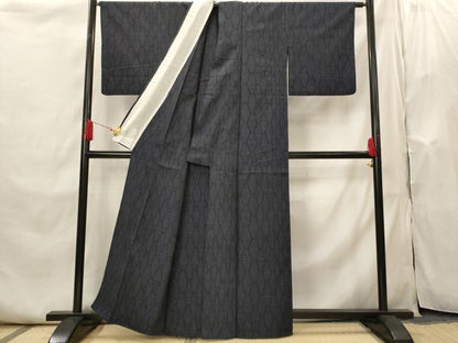 平和屋着物▽結城紬　単衣　80亀甲　亀甲文　正絹　逸品　AABI0216st