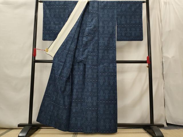 平和屋着物▽上質な紬　単衣　横段花文　正絹　逸品　AABI0219st
