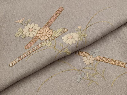 平和屋着物▽訪問着　単衣　刺繍　楽器花文　金糸　正絹　逸品　AABI0221st