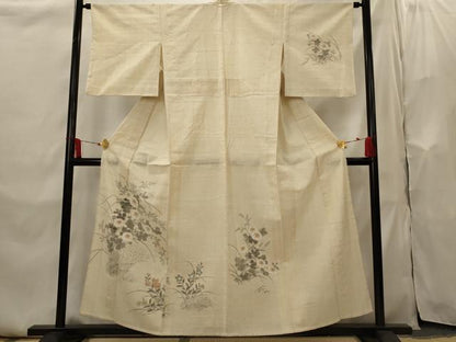 平和屋着物▽訪問着　単衣　生紬　草花文　正絹　逸品　AABI0227st