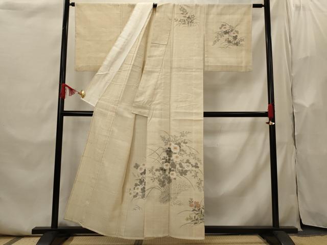 平和屋着物▽訪問着　単衣　生紬　草花文　正絹　逸品　AABI0227st
