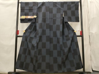 平和屋着物▽本塩沢　単衣　やまだ織　市松文様　正絹　逸品　未使用　AABI0229st