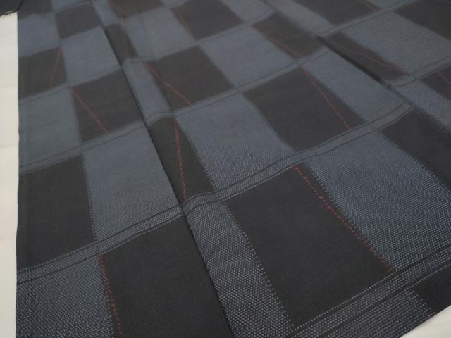 平和屋着物▽本塩沢　単衣　やまだ織　市松文様　正絹　逸品　未使用　AABI0229st