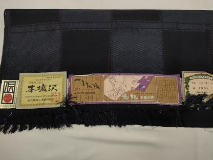 平和屋着物▽本塩沢　単衣　やまだ織　市松文様　正絹　逸品　未使用　AABI0229st