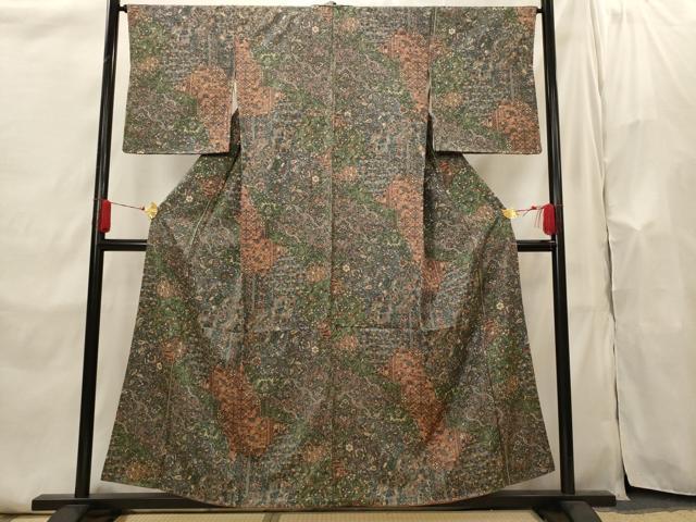 平和屋着物▽上質な小紋 単衣 更紗花文 金彩 正絹 逸品 DAAT4443du