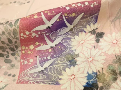 平和屋着物■訪問着　手描き　色紙飛鶴花文　暈し染め　金彩　正絹　逸品　AABI0231st