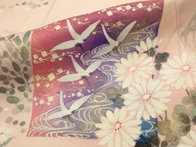 平和屋着物■訪問着　手描き　色紙飛鶴花文　暈し染め　金彩　正絹　逸品　AABI0231st