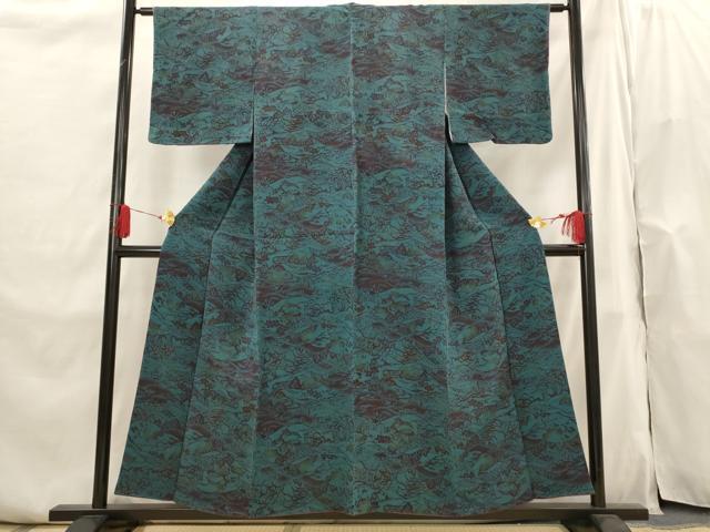 平和屋着物■上質な小紋　型染め　風景文　鬼しぼ縮緬　正絹　逸品　AABI0258st
