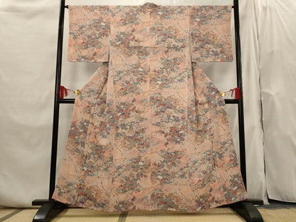 平和屋着物■上質な小紋　流水花鳥文　鬼しぼ縮緬　正絹　逸品　AABI0264st