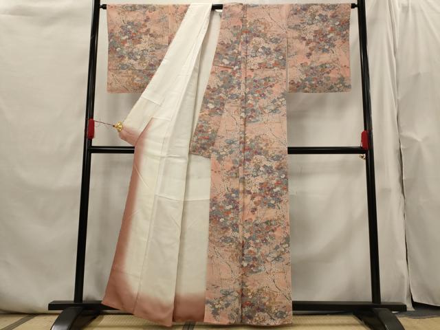 平和屋着物■上質な小紋　流水花鳥文　鬼しぼ縮緬　正絹　逸品　AABI0264st