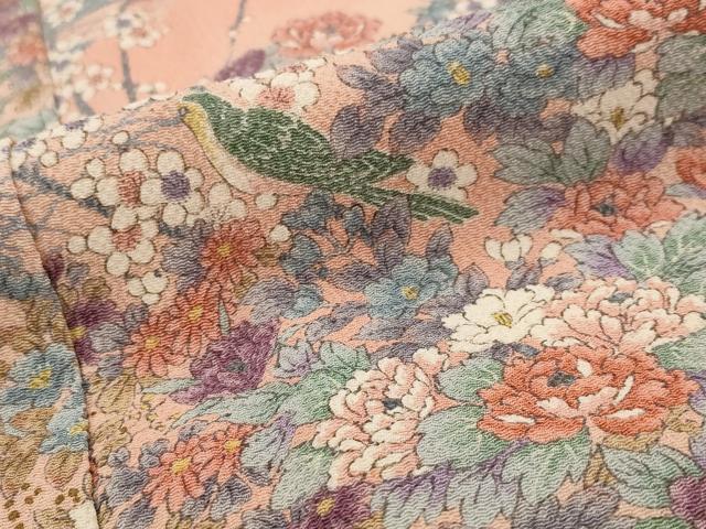 平和屋着物■上質な小紋　流水花鳥文　鬼しぼ縮緬　正絹　逸品　AABI0264st