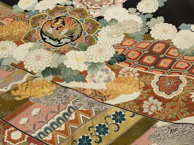 平和屋着物■豪華黒留袖　作家物　駒刺繍　熨斗更紗花鳥文　金彩　正絹　逸品　AABI0307st 平和屋着物□豪華黒留袖 作家物 駒刺繍 熨斗更紗花鳥文 金彩