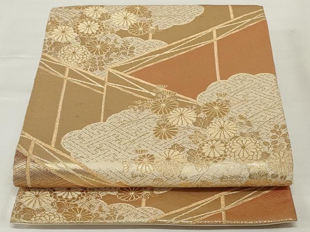 平和屋着物◎六通柄袋帯　雲取り花文　金糸　正絹　逸品　AABI0325ou