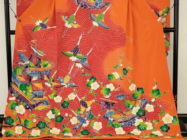 平和屋本店▼お引きずり・お引き摺り・引き振袖　和装　結婚式　舞妓　芸妓　芸者　衣装　駒刺繍　飛鶴風景花文　暈し染め　AABI0339ou