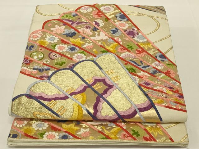平和屋着物◎六通柄袋帯 唐織 檜扇花文 金糸 正絹 逸品 AABI0358ou