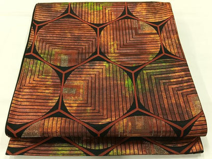 平和屋着物◎六通柄袋帯　亀甲文　黒地　引箔　正絹　逸品　AABI0365uk