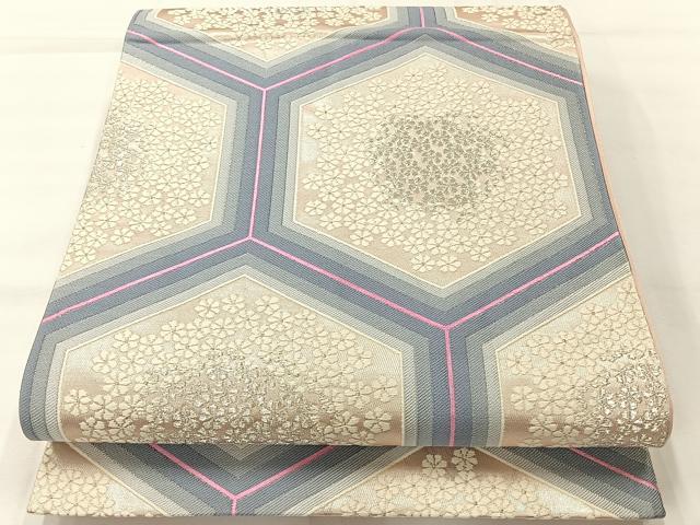 平和屋着物◎六通柄袋帯　亀甲花文　銀糸　正絹　逸品　AABI0366uk
