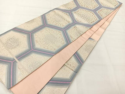 平和屋着物◎六通柄袋帯　亀甲花文　銀糸　正絹　逸品　AABI0366uk