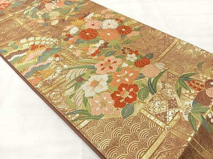 平和屋着物◎六通柄袋帯　唐織　草花文　金糸　正絹　逸品　AABI0368uk