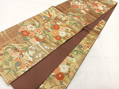 平和屋着物◎六通柄袋帯　唐織　草花文　金糸　正絹　逸品　AABI0368uk