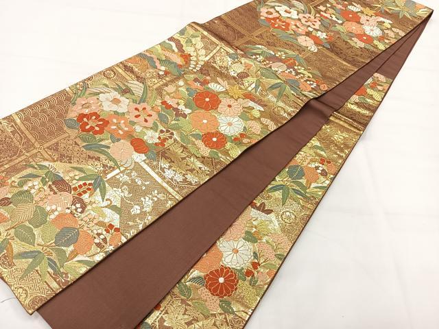 平和屋着物◎六通柄袋帯　唐織　草花文　金糸　正絹　逸品　AABI0368uk
