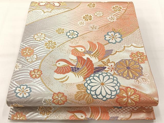 平和屋着物◎六通柄袋帯　唐織　鴛鴦花文　金糸　正絹　逸品　AABI0371uk