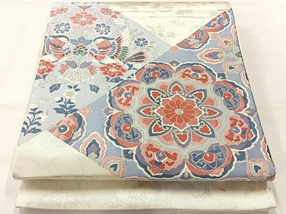 平和屋着物◎太鼓柄袋帯　唐織　天平の匠　向かい鳥花文　銀糸　正絹　逸品　AABI0372uk