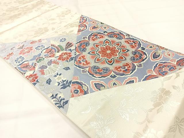 平和屋着物◎太鼓柄袋帯　唐織　天平の匠　向かい鳥花文　銀糸　正絹　逸品　AABI0372uk